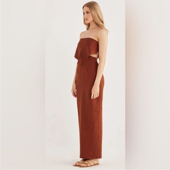Rumer Roam Bandana Maxi Linen Chocolate Brown Cutouts Dress Med NWT - Picture 11 of 11